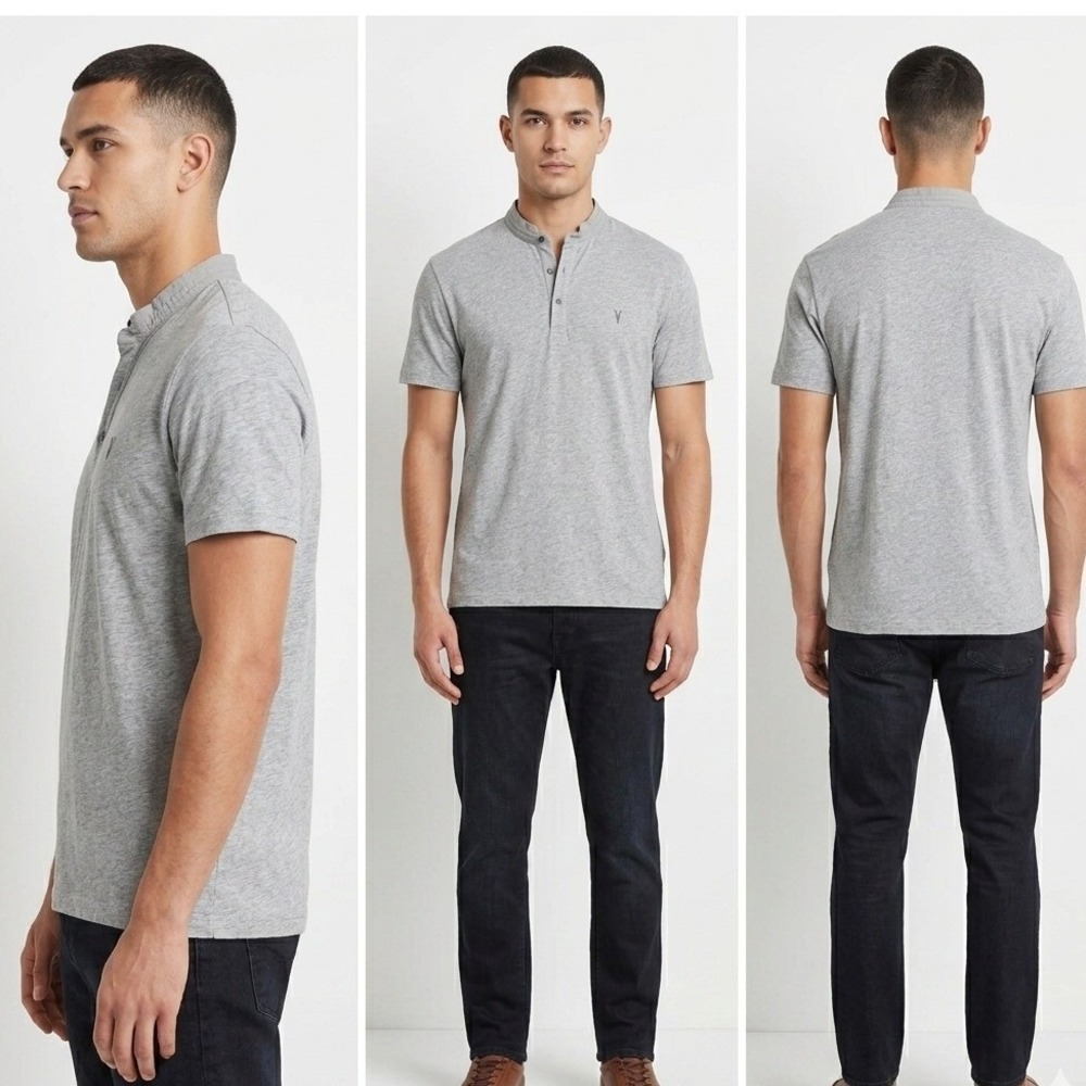 AllSaints Brace Grandad Shirt X-Large Grey Ramskull Logo Henley Collar Polo Tee